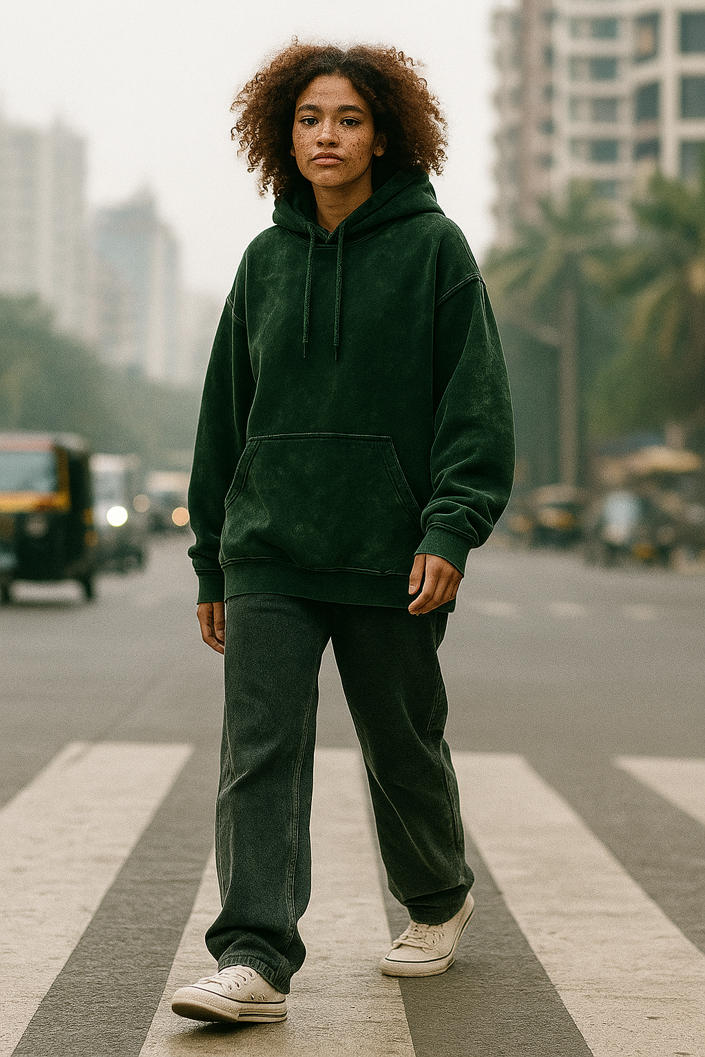 Women's Bottle Green Acid Washed Hoodie