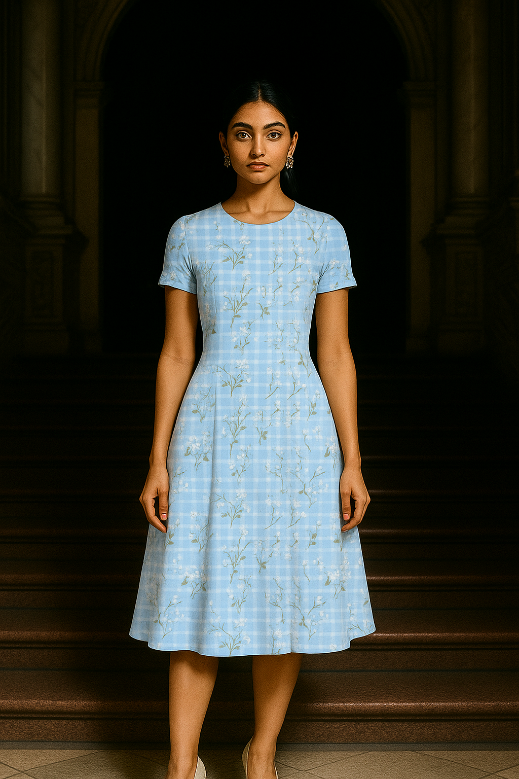 Sky Blue Floral Print - A-Line Dress