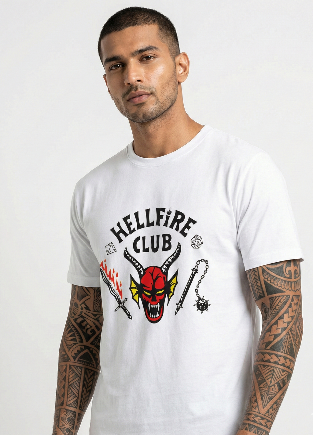 Men's White Hell Fire Club Graphic Printed Classic Crew T-shirt