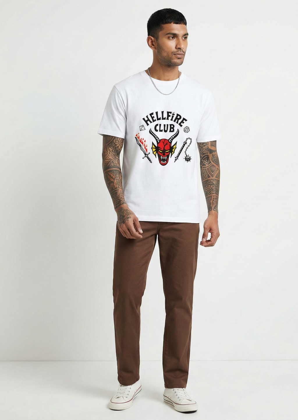 Men's White Hell Fire Club Graphic Printed Classic Crew T-shirt